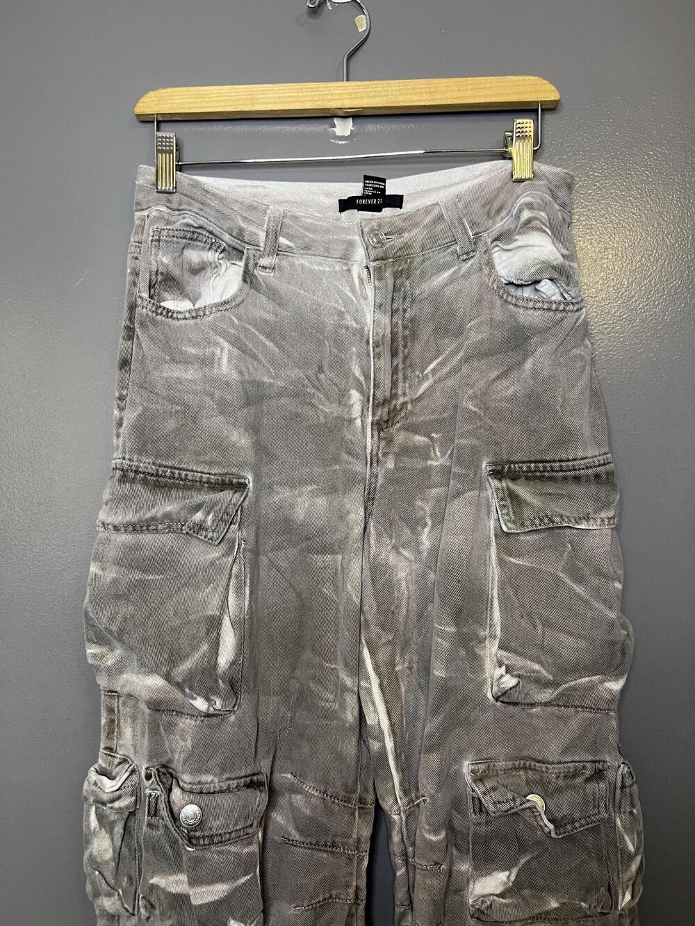 Forever 21 Custom Bleach Dye Womens Medium Gray Cargo Wide Leg Denim Streetwear